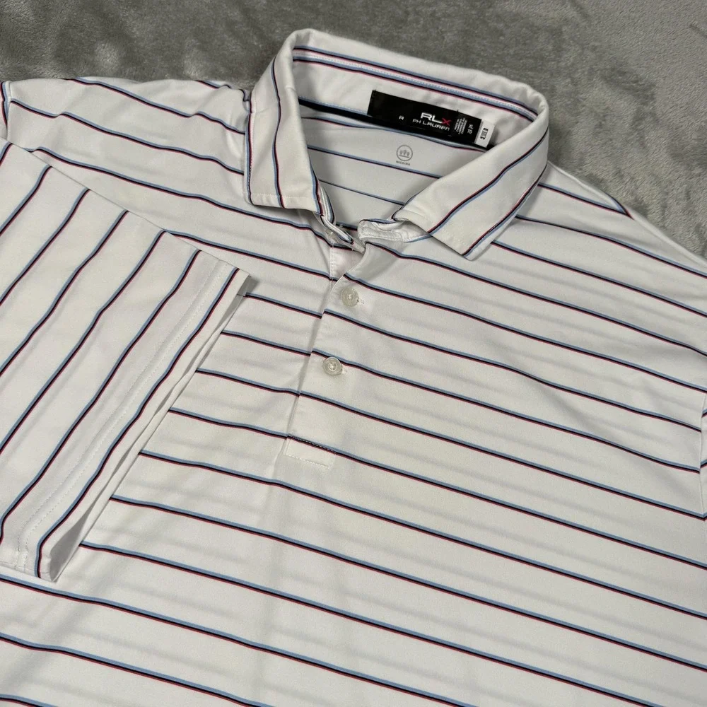 RLX‎ Ralph Lauren Polo Shirt Mens XL White Striped Short Sleeve Golf Performance